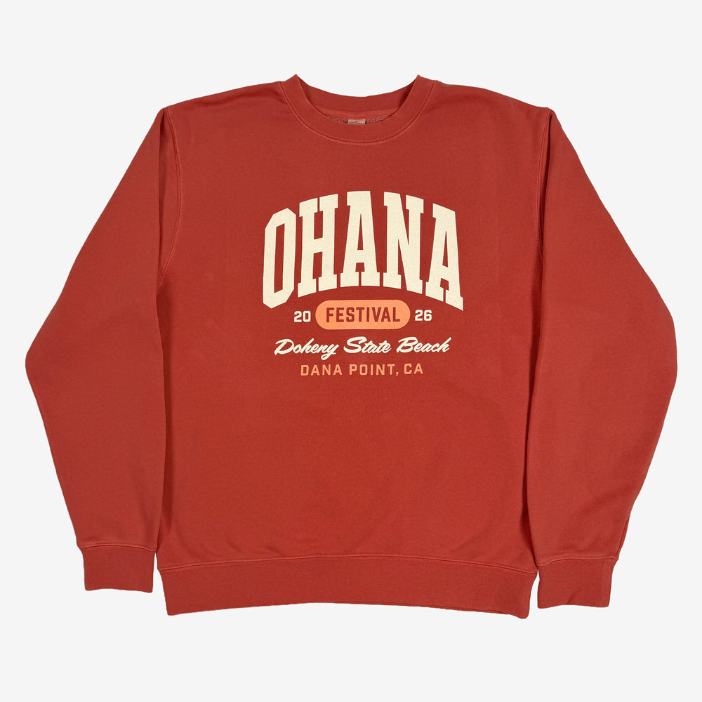 Amber Ohana Varsity Crewneck sweatshirt with cream collegiate lettering and peach festival details across the chest.