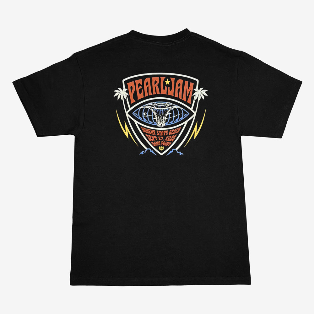 Pearl Jam Big Kahuna Tee in black with large multicolor Big Kahuna surf graphic on back