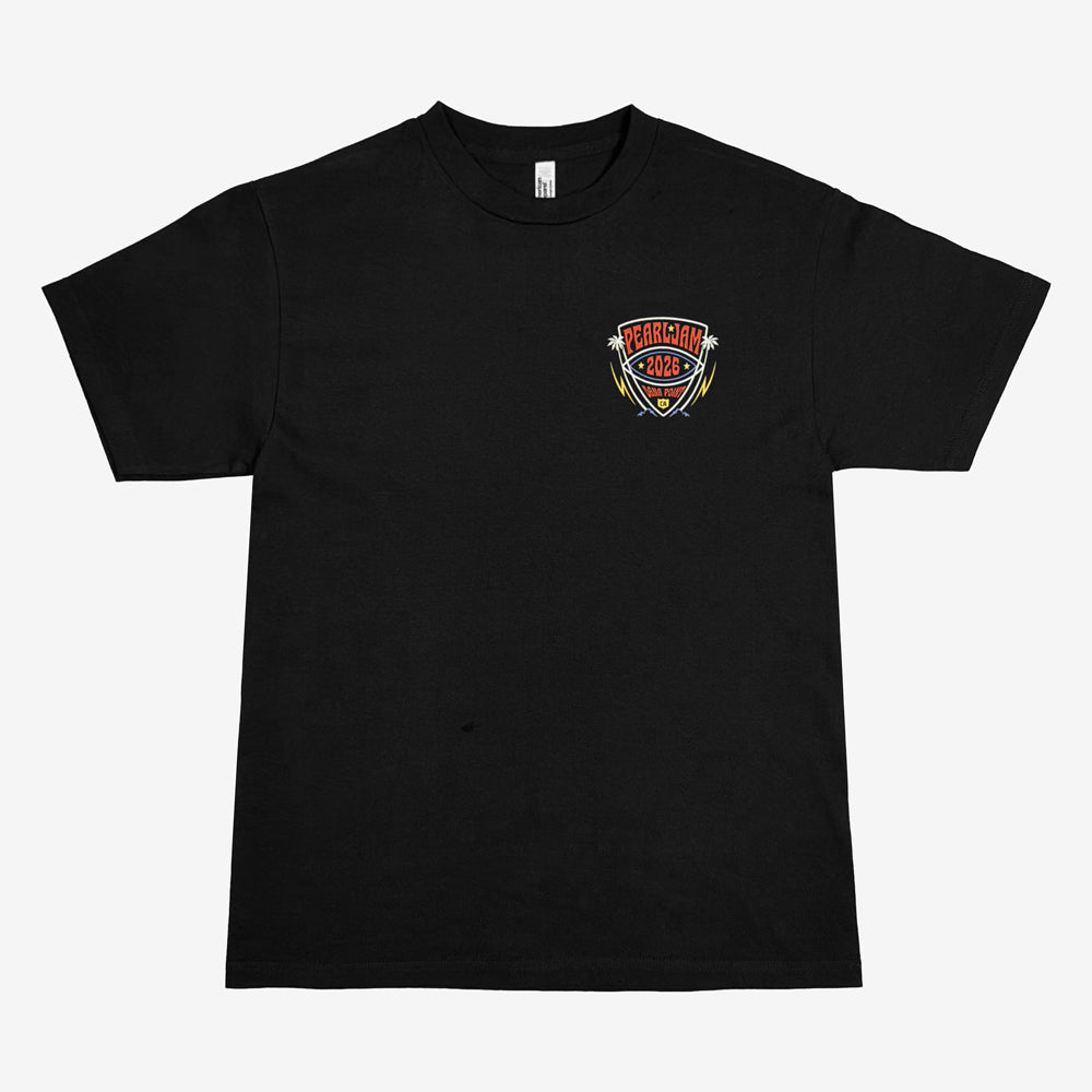 Pearl Jam Big Kahuna Tee in black with large multicolor Big Kahuna surf graphic on back
