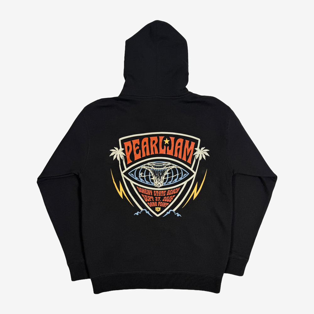 Pearl Jam Big Kahuna Zip Hoodie in black with large multicolor surf-inspired back graphic