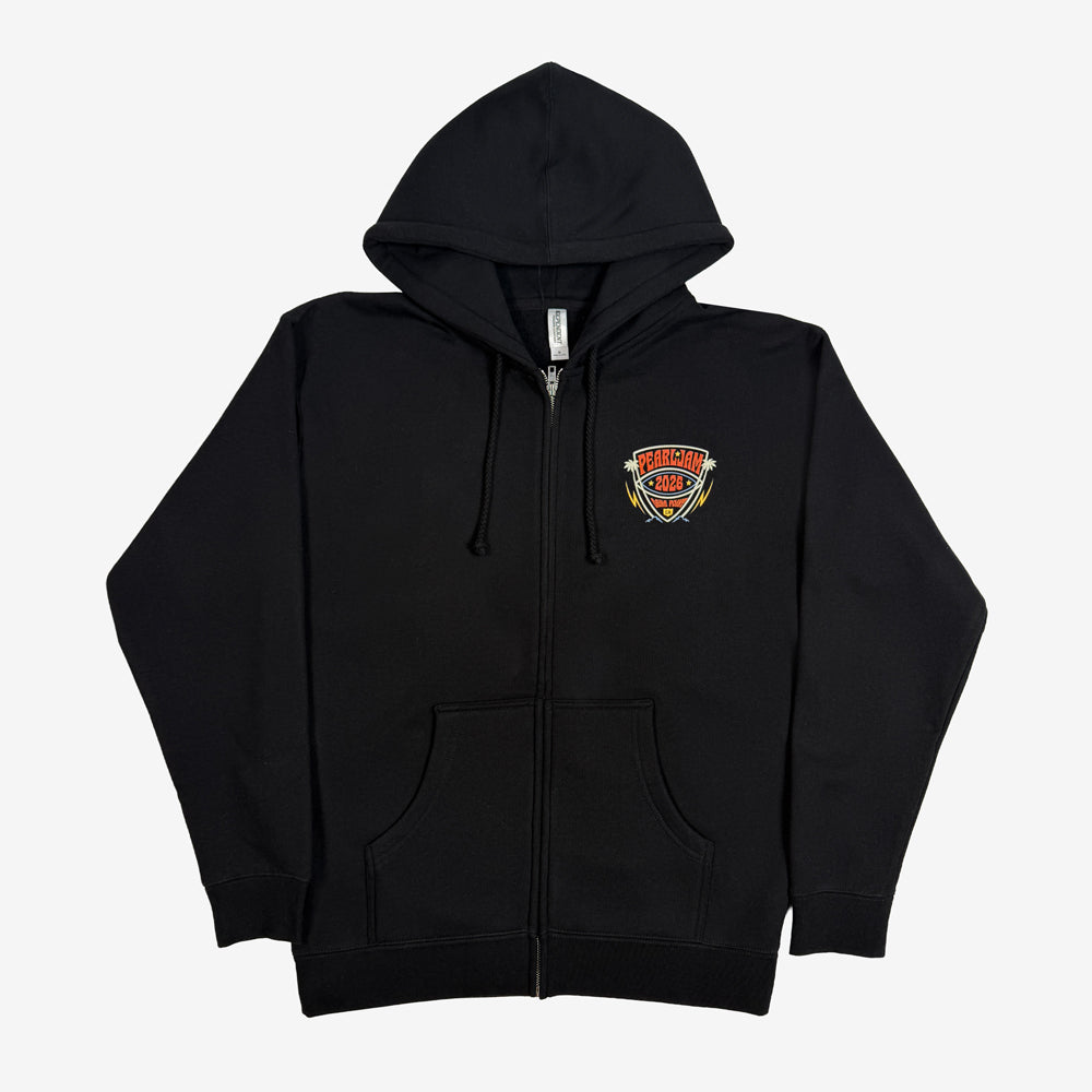 Pearl Jam Big Kahuna Zip Hoodie in black with small multicolor Dana Point chest graphic