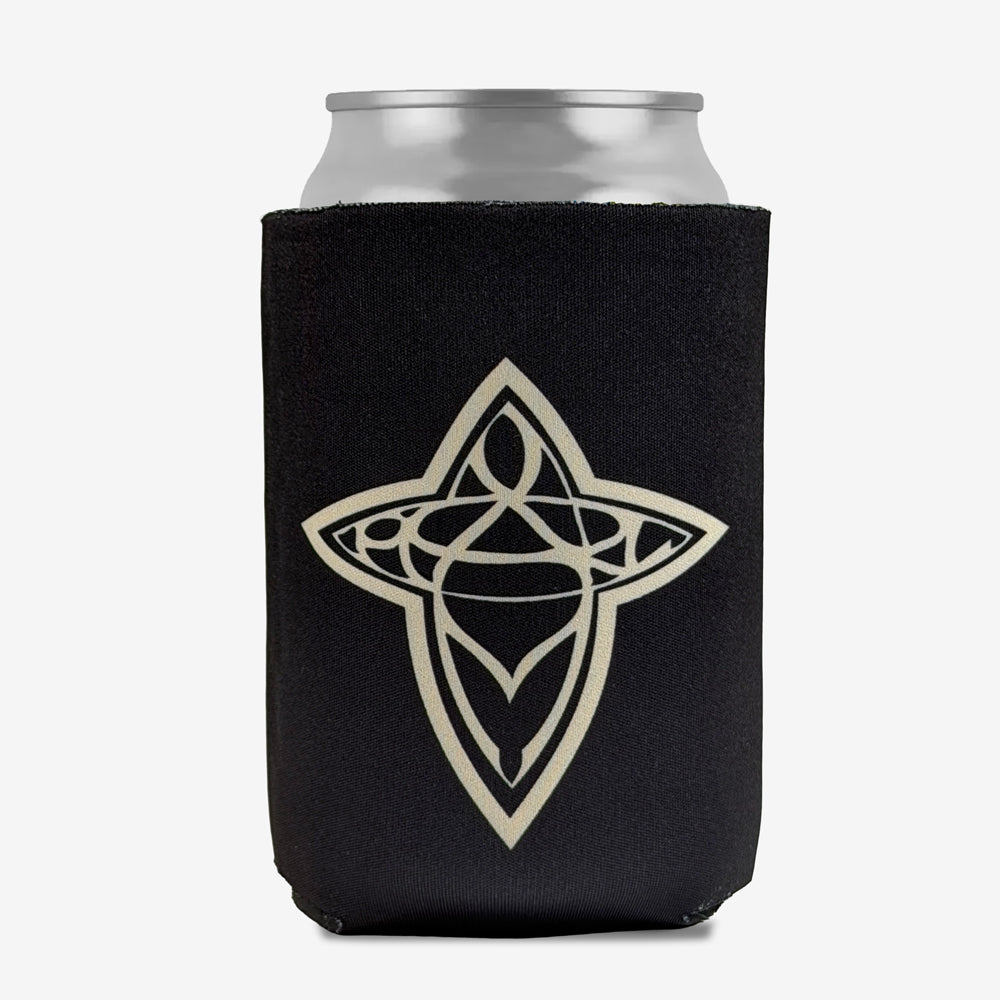 Pearl Jam Cross Boards Koozie in black featuring a cream-colored Cross Boards graphic on a collapsible beverage can holder.