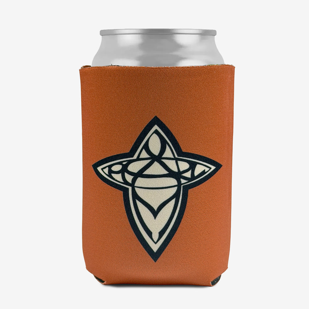 Pearl Jam Cross Boards Koozie in camel featuring a black and cream Cross Boards graphic on a collapsible beverage can holder.