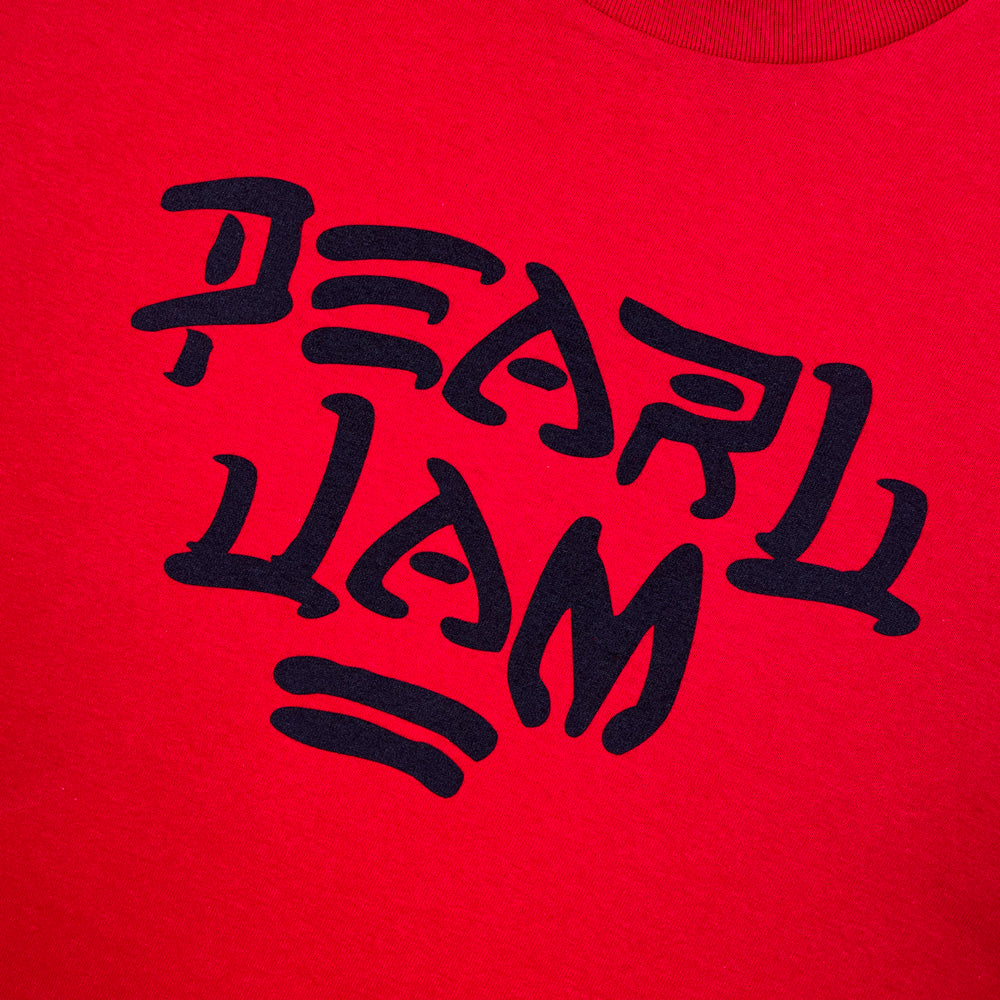 Red t-shirt with black text reading "Pearl Jam" on a white background
