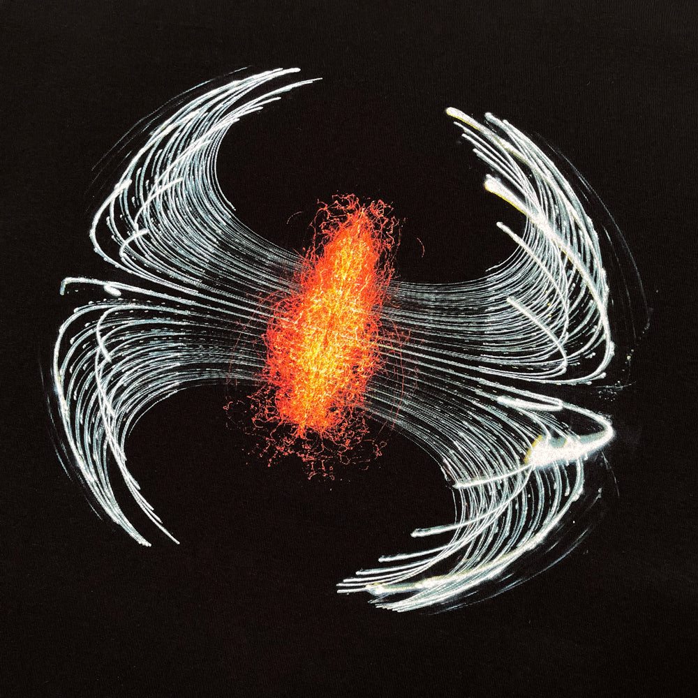 Close up of a black Pearl Jam t-shirt back print with logo from Dark Matter album cover