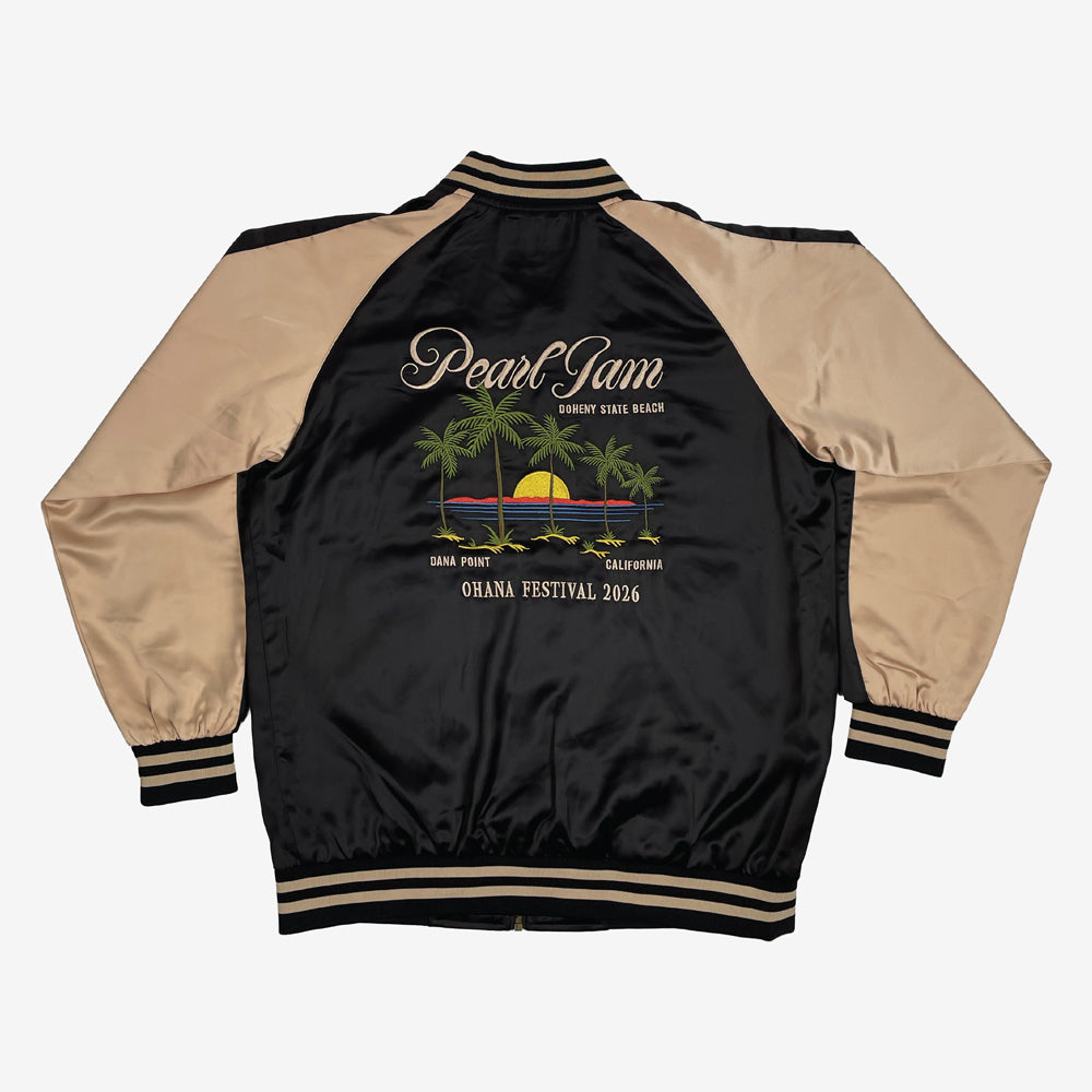 Pearl Jam Palms Satin Jacket in black and tan with large embroidered palm tree and sunset scene on back