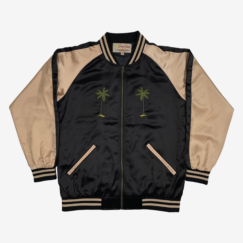Pearl Jam Palms Satin Jacket in black with tan sleeves and embroidered palm trees on chest