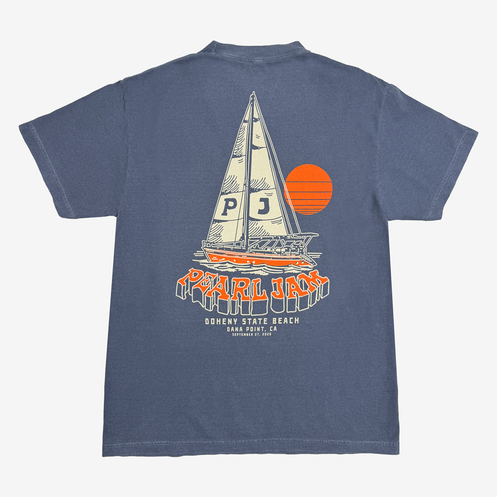 Pearl Jam Sailboat Tee in faded navy with large sailboat, sunset, and Pearl Jam graphic on back