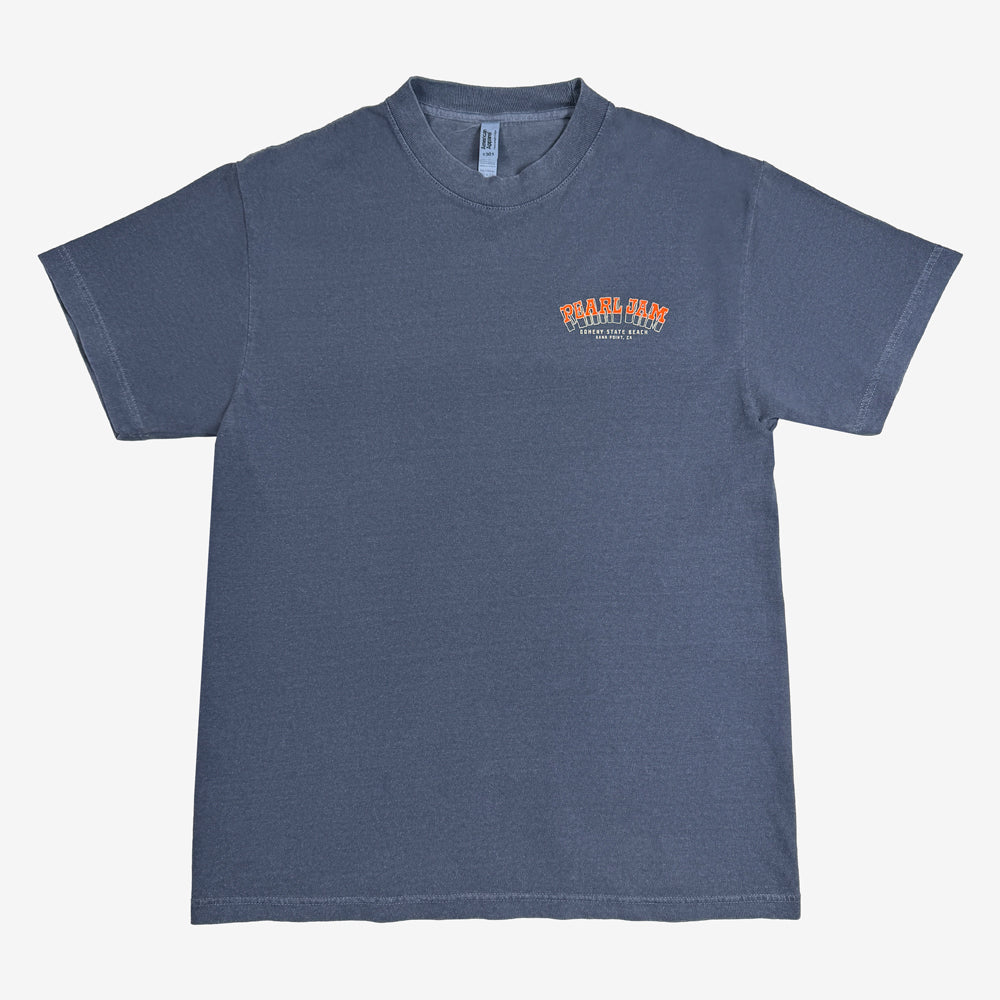 Pearl Jam Sailboat Tee in faded navy with small orange and cream Pearl Jam chest graphic