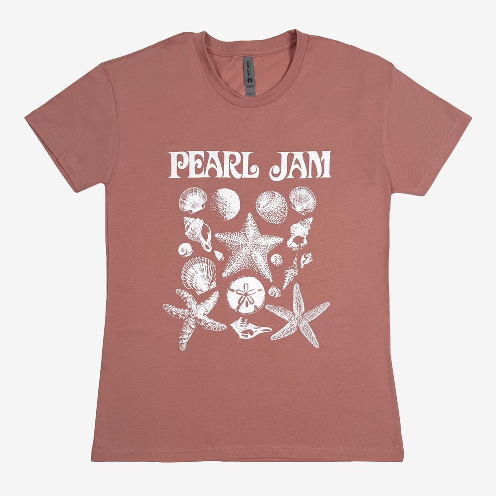 Pearl Jam Shells Tee in desert pink with large white seashell and starfish graphic on front