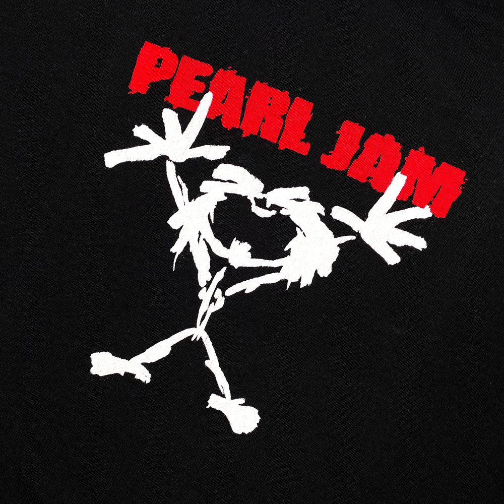 Black onesie against a white background  with red text reading "Pearl Jam" and a white design of a stickman