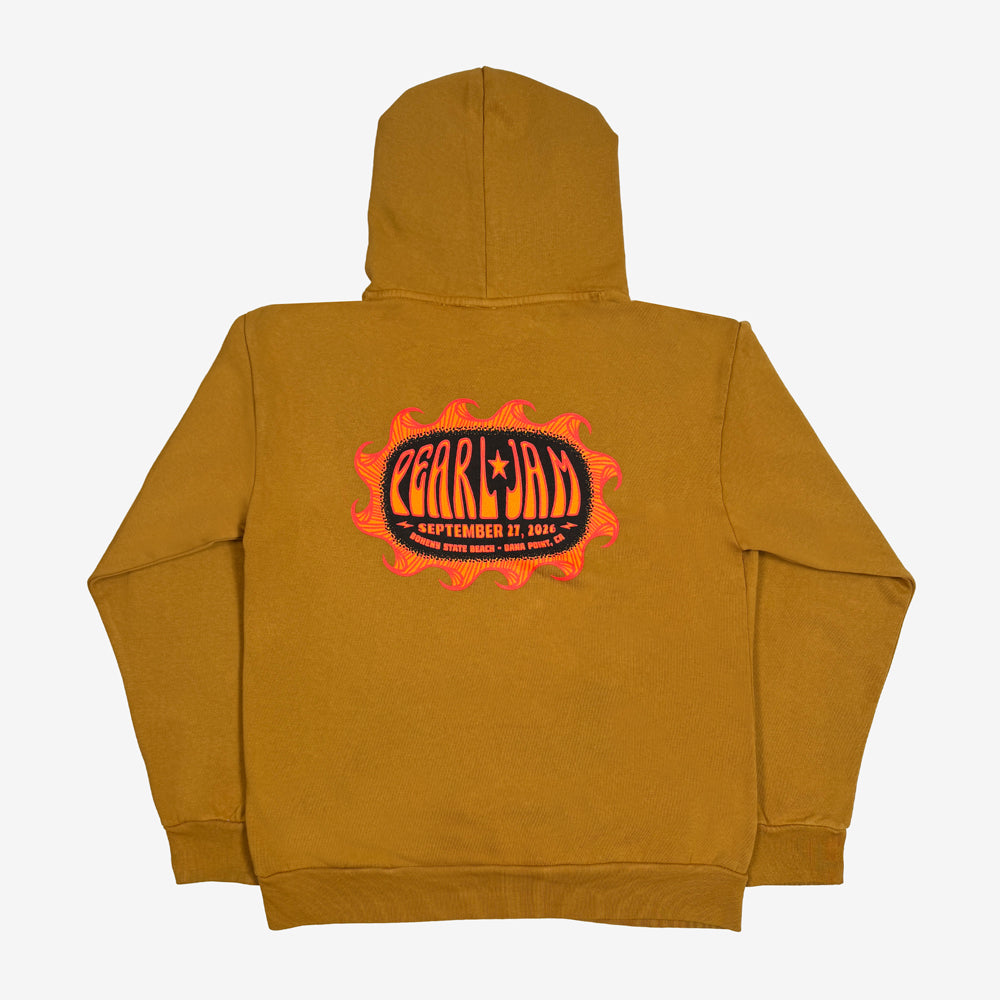 Pearl Jam Sun Sets Pullover Hoodie in peanut butter with large pink and navy Pearl Jam event graphic on back