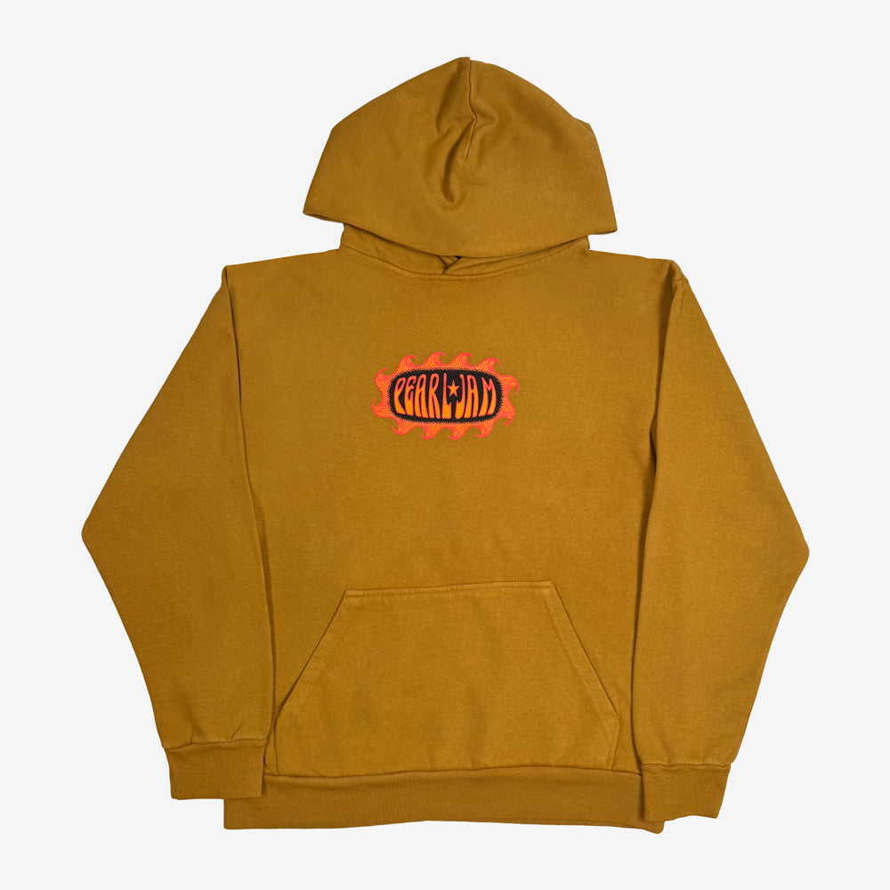 Pearl Jam Sun Sets Pullover Hoodie in peanut butter with small pink and navy Pearl Jam chest graphic