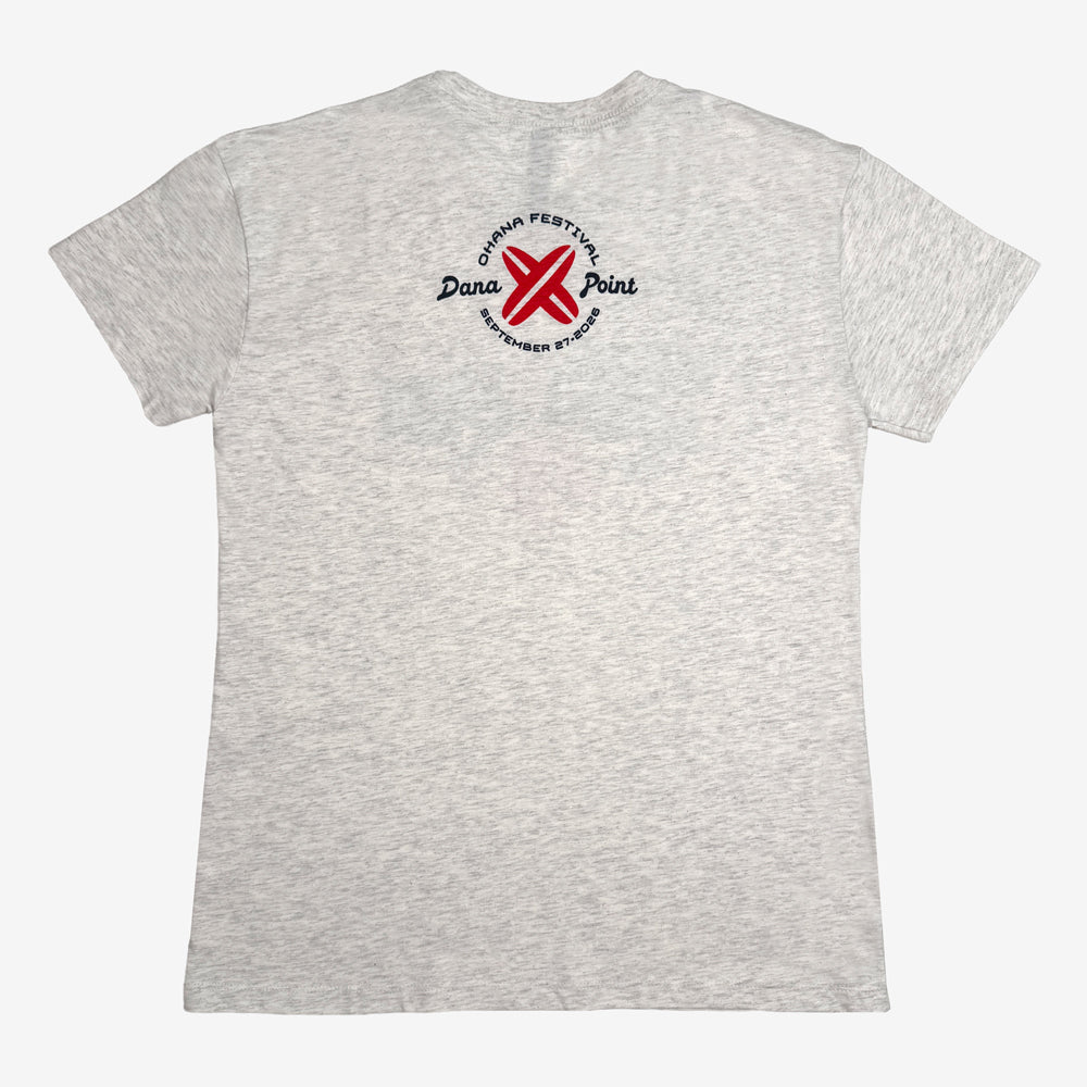 Pearl Jam Surf Shack Tee in oatmeal with small red surfboard and Dana Point graphic on upper back