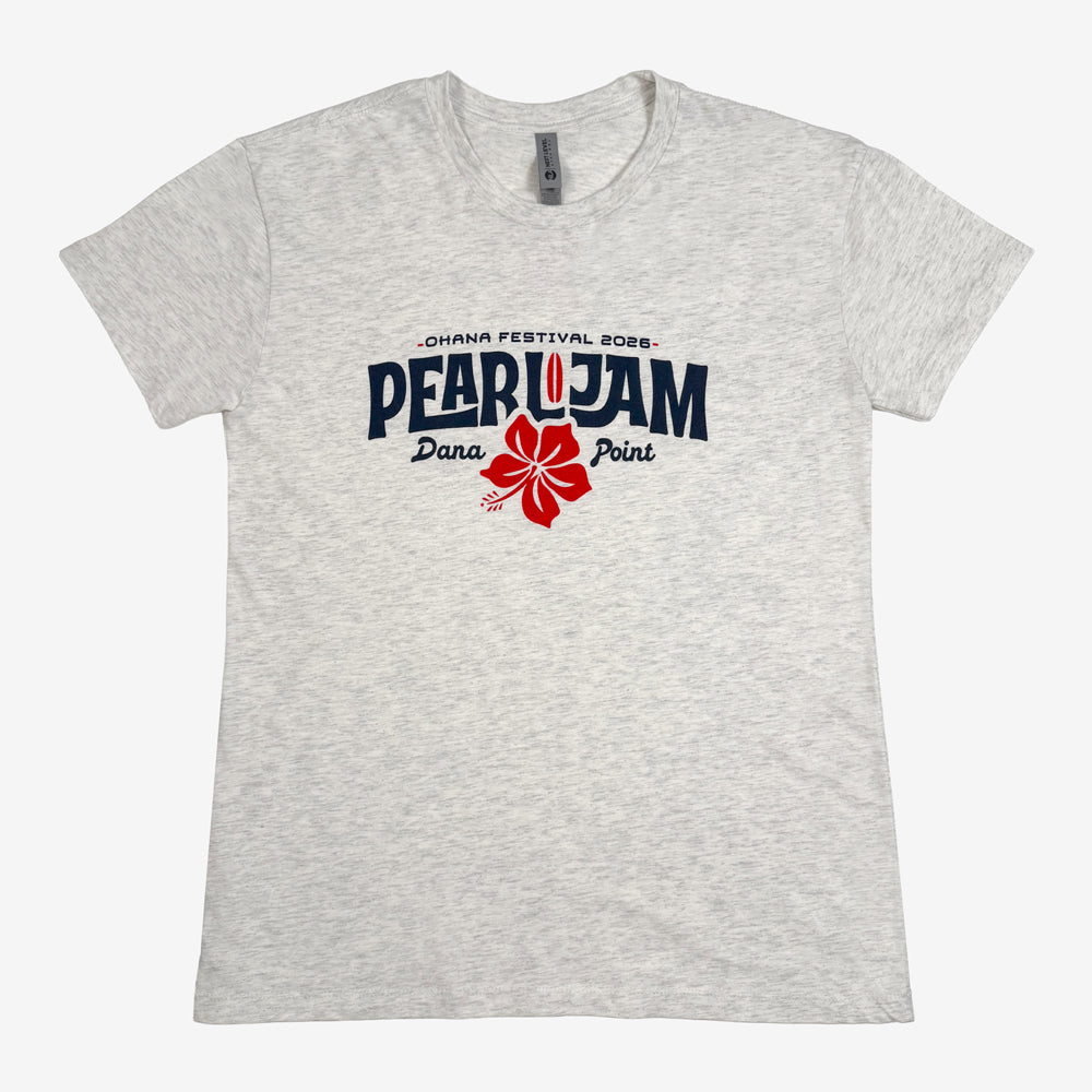 Pearl Jam Surf Shack Tee in oatmeal with navy and red Pearl Jam Dana Point graphic on front
