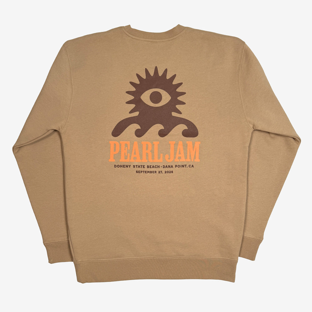 Pearl Jam Wave Lord Crewneck in sandstone with large Wave Lord character and orange Pearl Jam graphic on back
