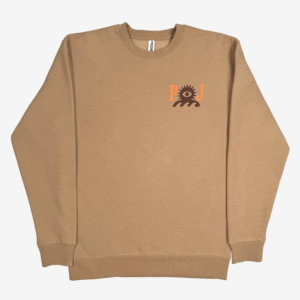 Pearl Jam Wave Lord Crewneck in sandstone with orange PJ lettering and brown Wave Lord character on left chest
