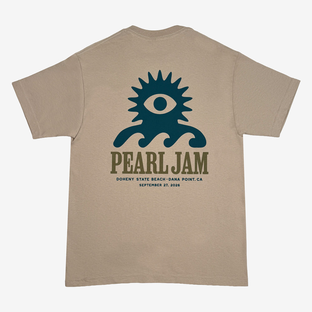 Pearl Jam Wave Lord Tee in sand with large blue Wave Lord character and Pearl Jam Dana Point graphic