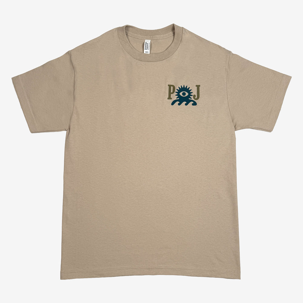 Pearl Jam Wave Lord Tee in sand with small PJ and blue Wave Lord character on left chest