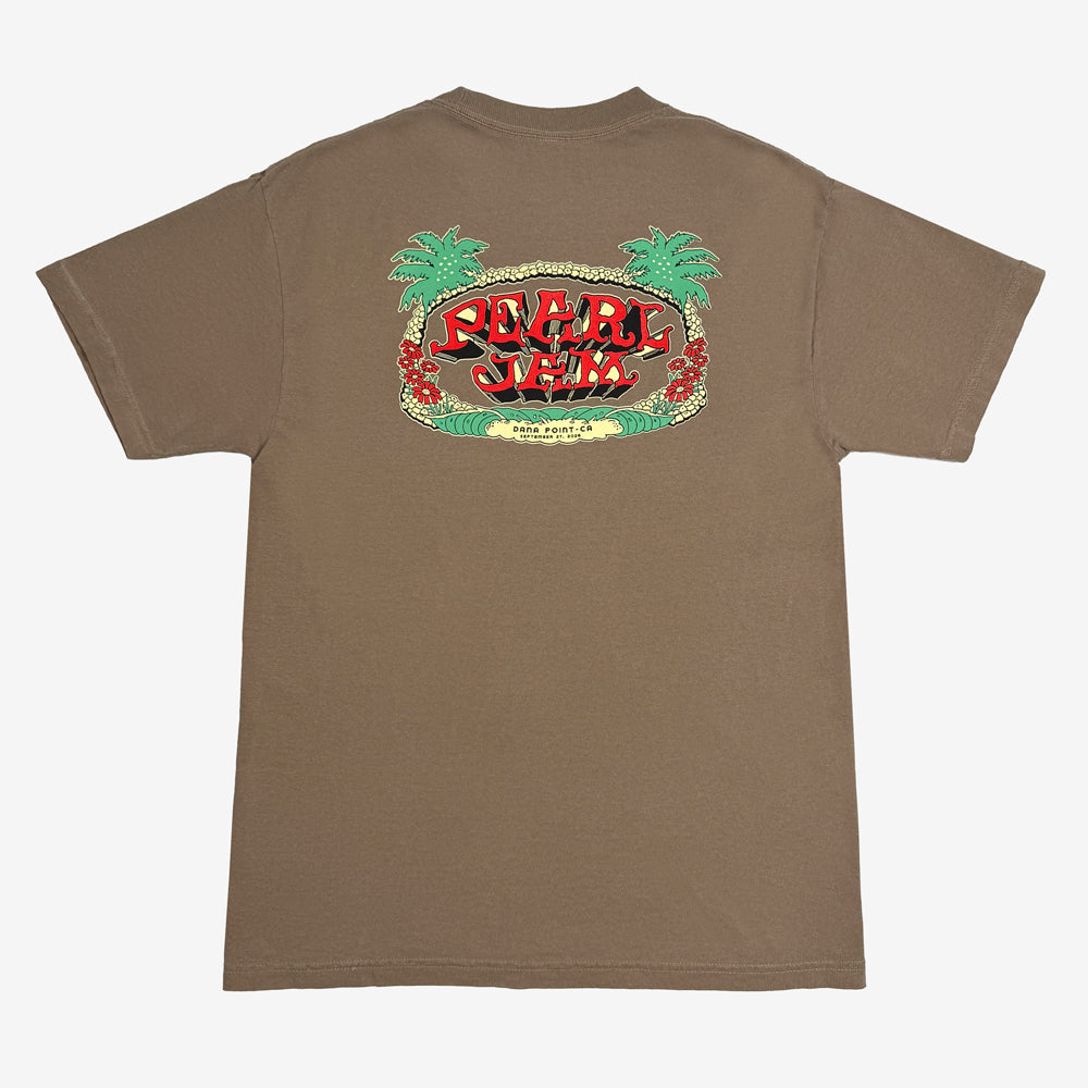 Pearl Jam Surf Shack Tee in oatmeal with small red surfboard and Dana Point graphic on upper back