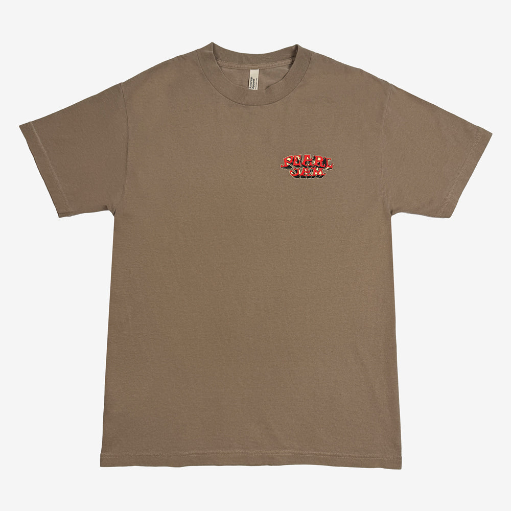 Pearl Jam Wild Palms Tee in faded brown with small red Pearl Jam logo on left chest