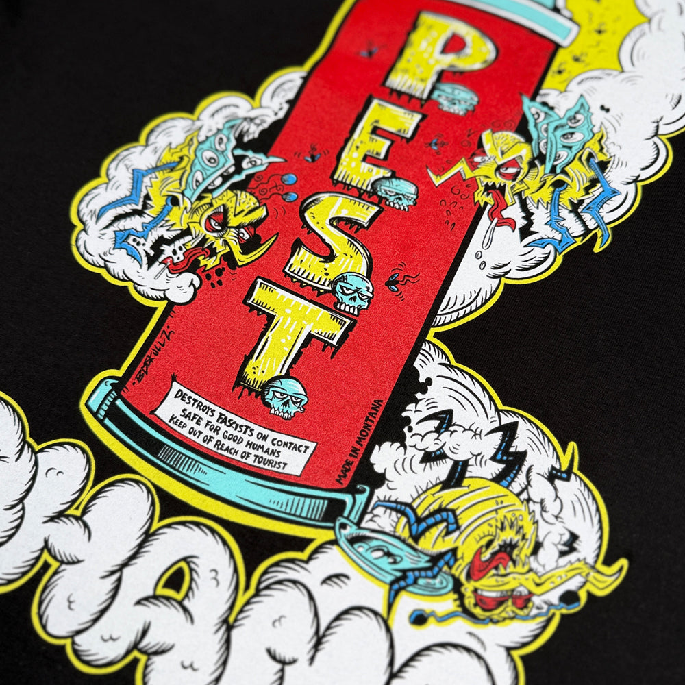 Close-up of P.E.S.T spray-can artwork with colorful cartoon pests, white clouds, and Ohana lettering on black tee