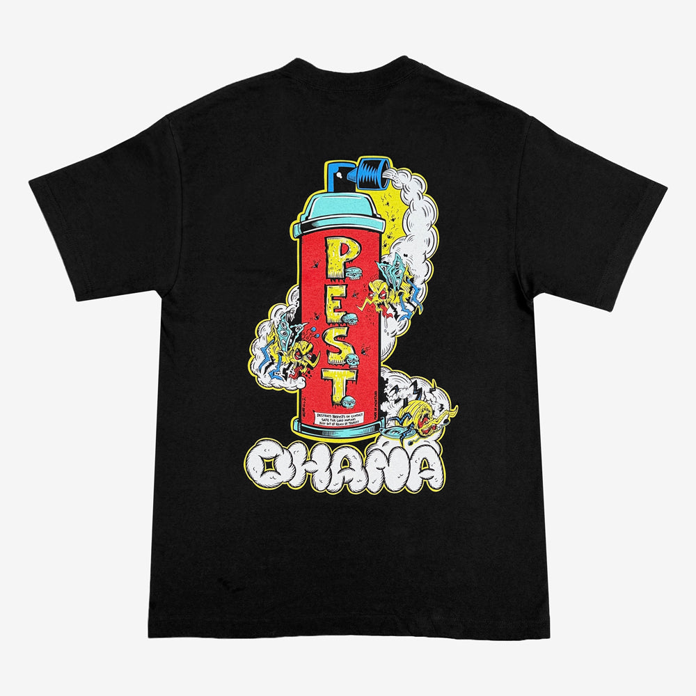 P.E.S.T Can Tee in black with large red spray can, cartoon pests, white spray clouds, and Ohana lettering