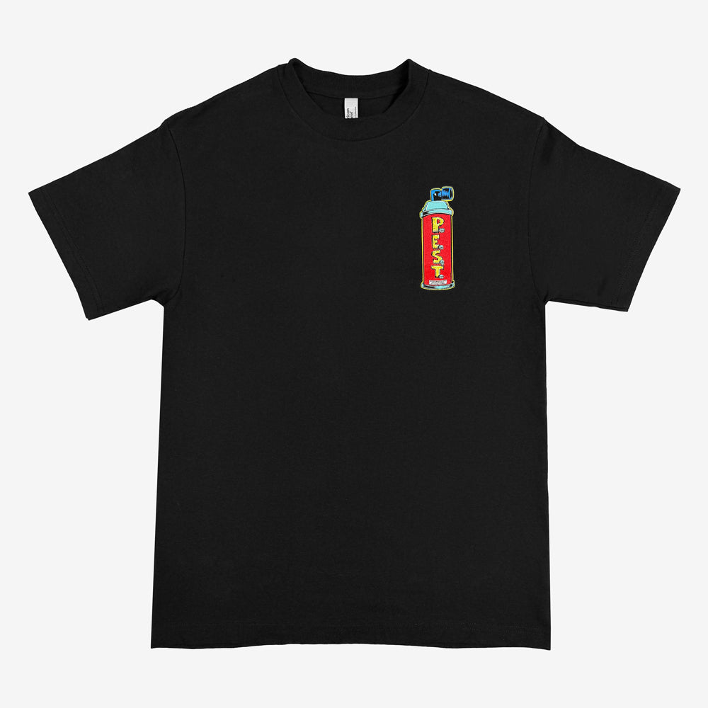 P.E.S.T Can Tee in black with small red spray-can graphic on left chest