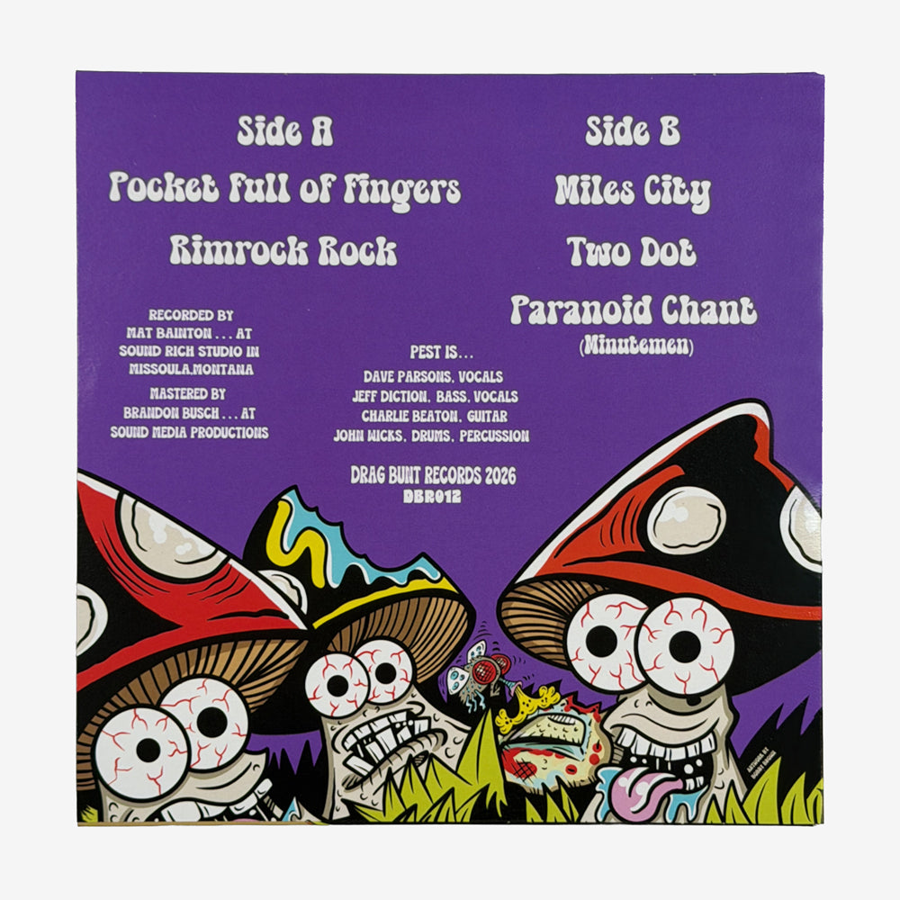 Back of P.E.S.T. EP 4 sleeve with Side A and Side B track listings above cartoon skeletons in sombreros