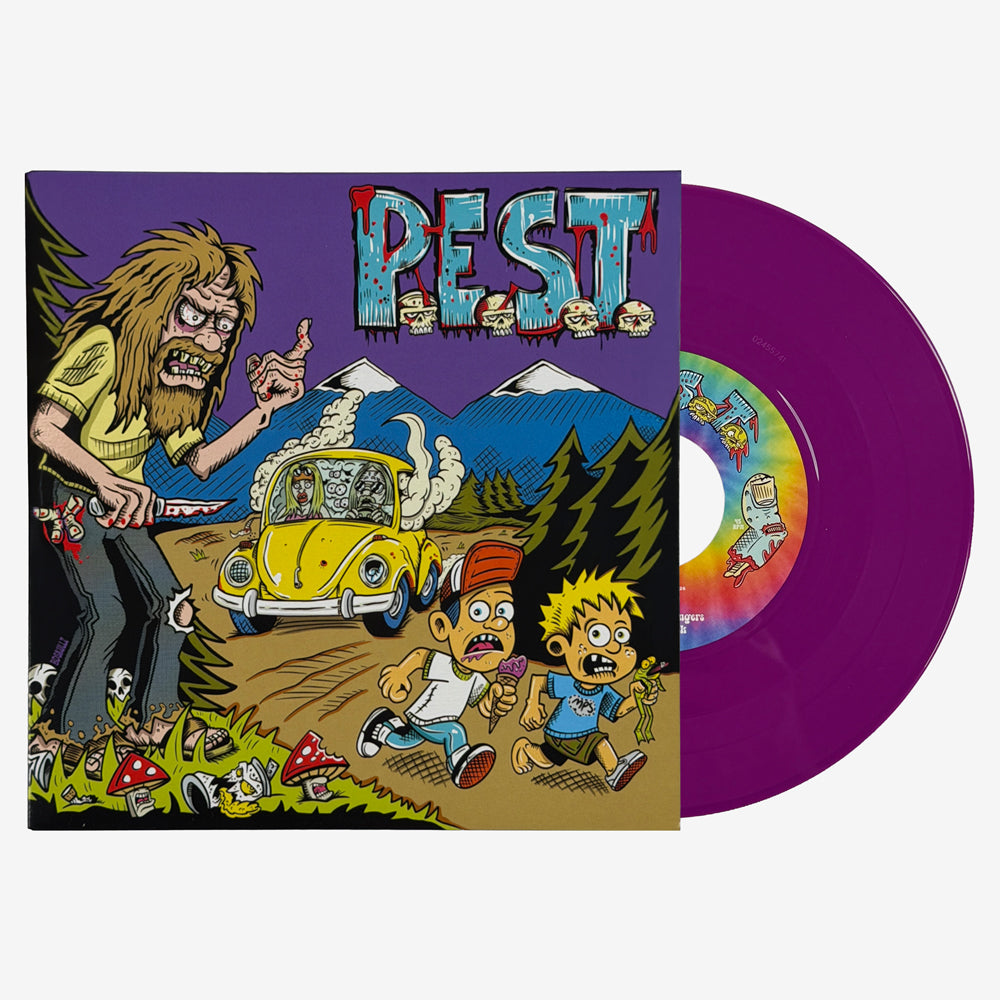 P.E.S.T. EP 4 illustrated sleeve beside a purple vinyl record with a colorful center label