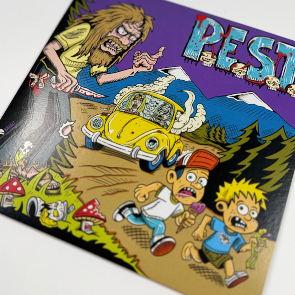Angled close-up of P.E.S.T. EP 4 cover showing band lettering, a yellow car, and cartoon characters