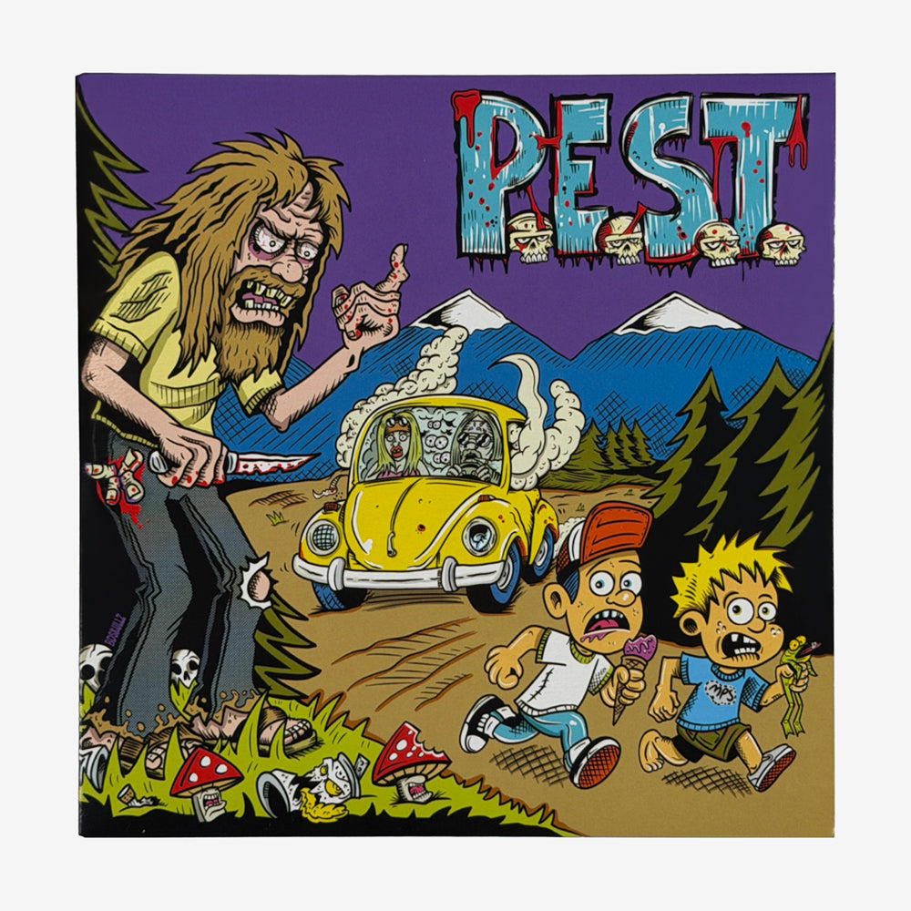 P.E.S.T. EP 4 cover with colorful band lettering, a yellow car, and cartoon characters