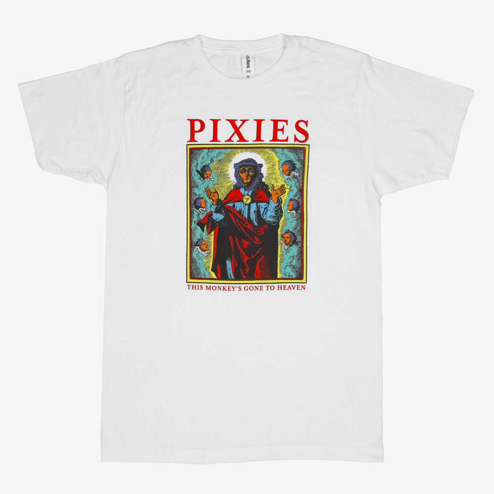 A white t shirt against a white background with red text reading "Pixies." Below the text is a design of a monkey dressed like a saint surrounded by cherubs and clouds. Below this design there is red text reading "This Monkey's Gone to Heaven"