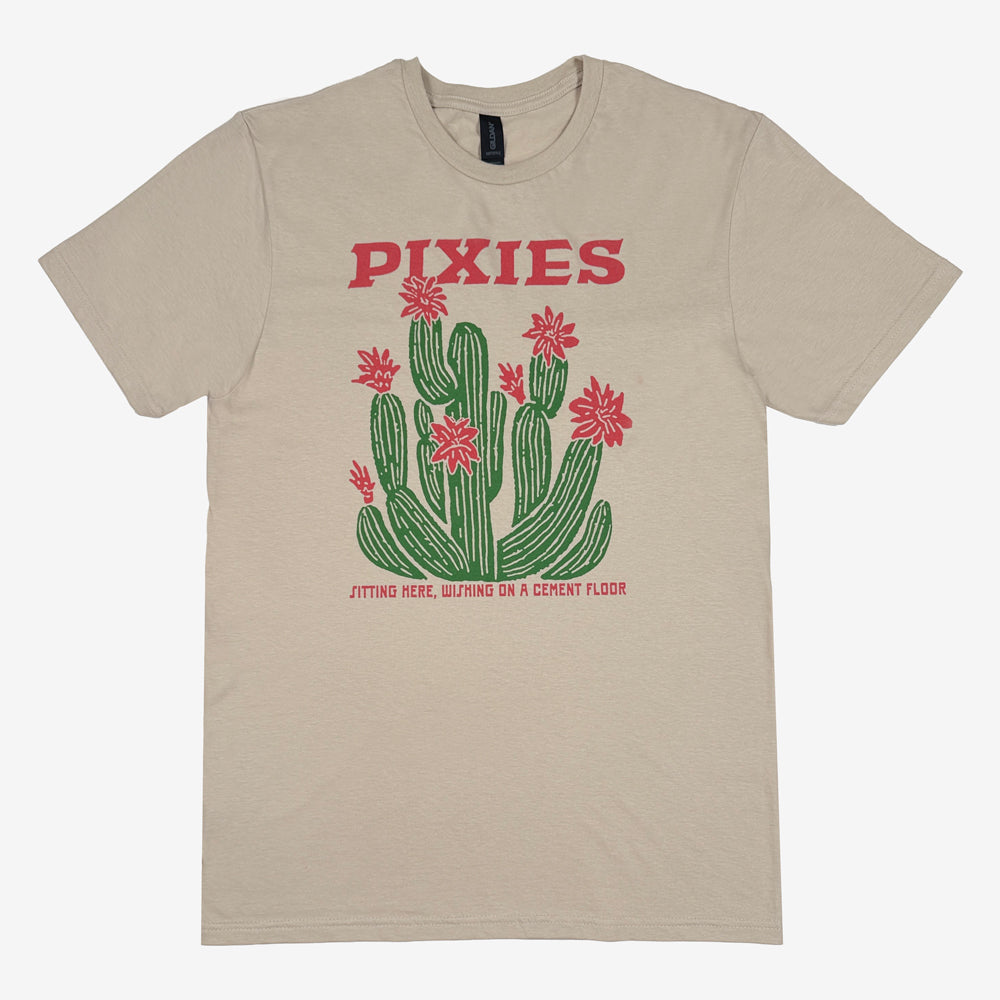 Sand Pixies Cactus Unisex Tour Tee with red Pixies lettering above a large green cactus with red flowers.