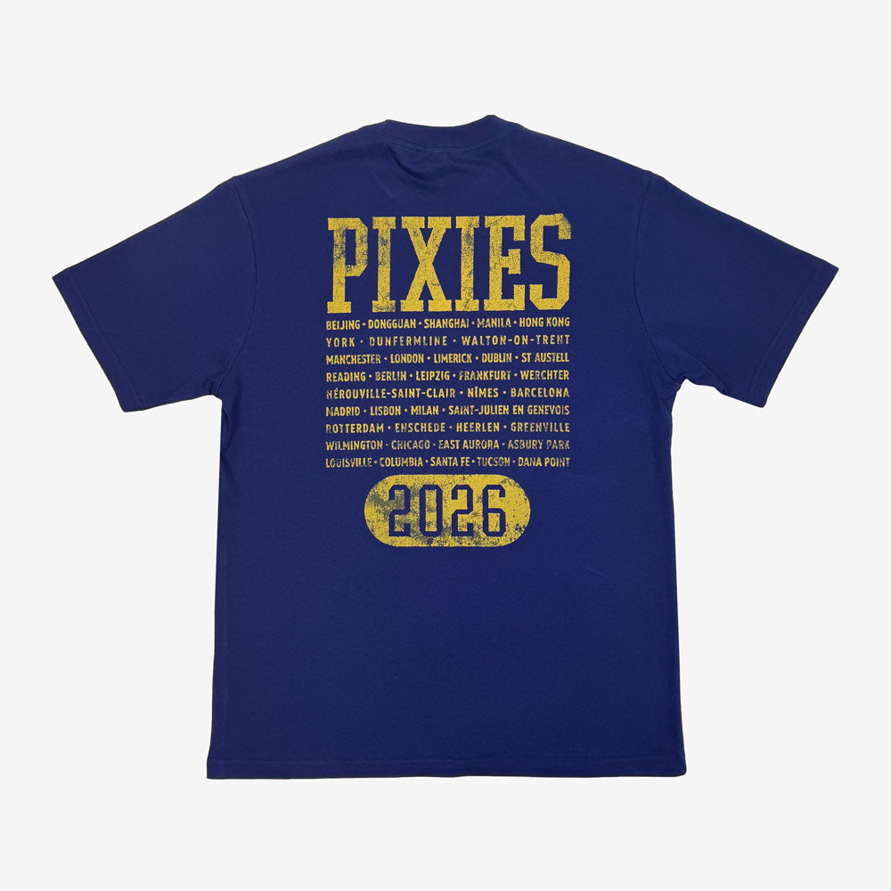 Blue t-shirt with yellow text and 'Pixies' branding for their 2026 World Tour