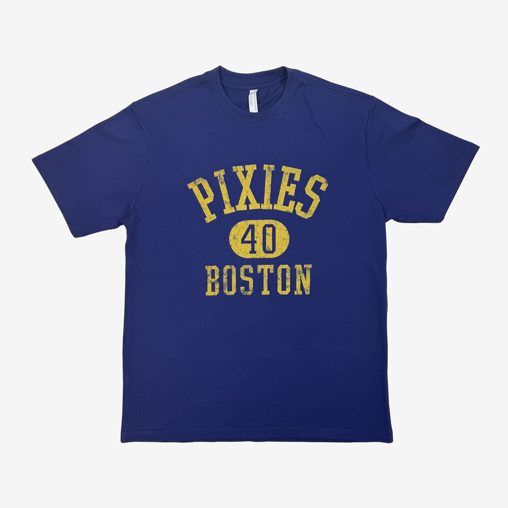Blue t-shirt with yellow text 'Pixies 40 Boston' on a white background
