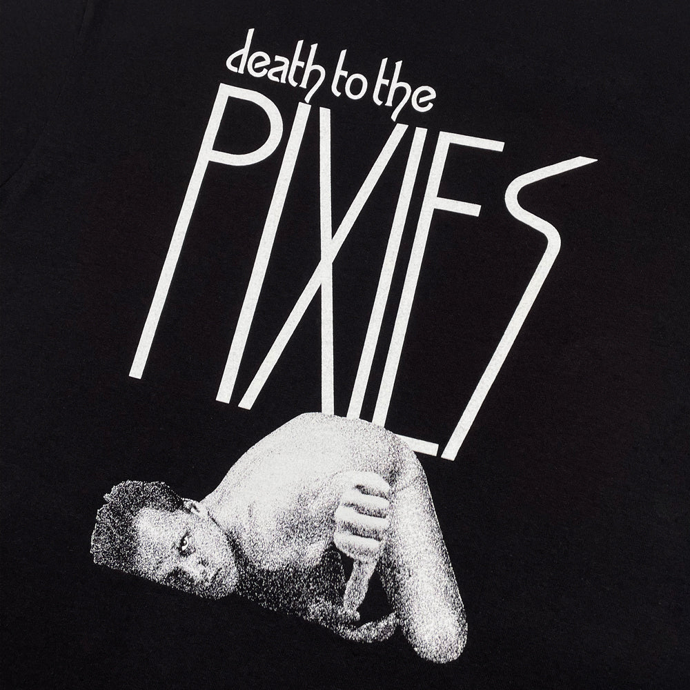 Close up of a black t shirt with white text reading "death to the Pixies" with a black and white photo of Black Francis face down doing a thumbs down sign.