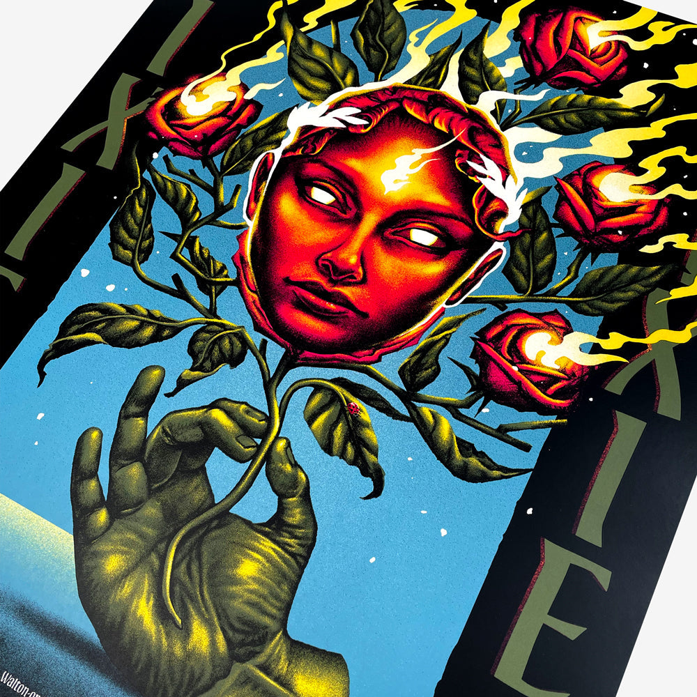 Pixies tour poster with green text on the left and right sides of the poster reading "PIXIES" in the center is a red face with white eyes with stems, leaves, and roses on fire. Below the face is a green hand holding the stem. Below in white text are all 2026 EU tour dates.