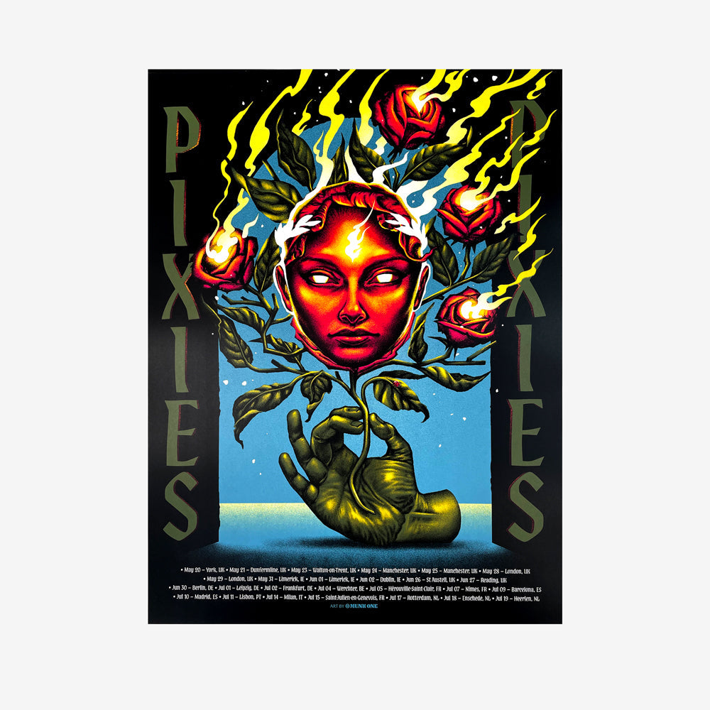 Pixies tour poster with green text on the left and right sides of the poster reading "PIXIES" in the center is a red face with white eyes with stems, leaves, and roses on fire. Below the face is a green hand holding the stem. Below in white text are all 2026 EU tour dates.
