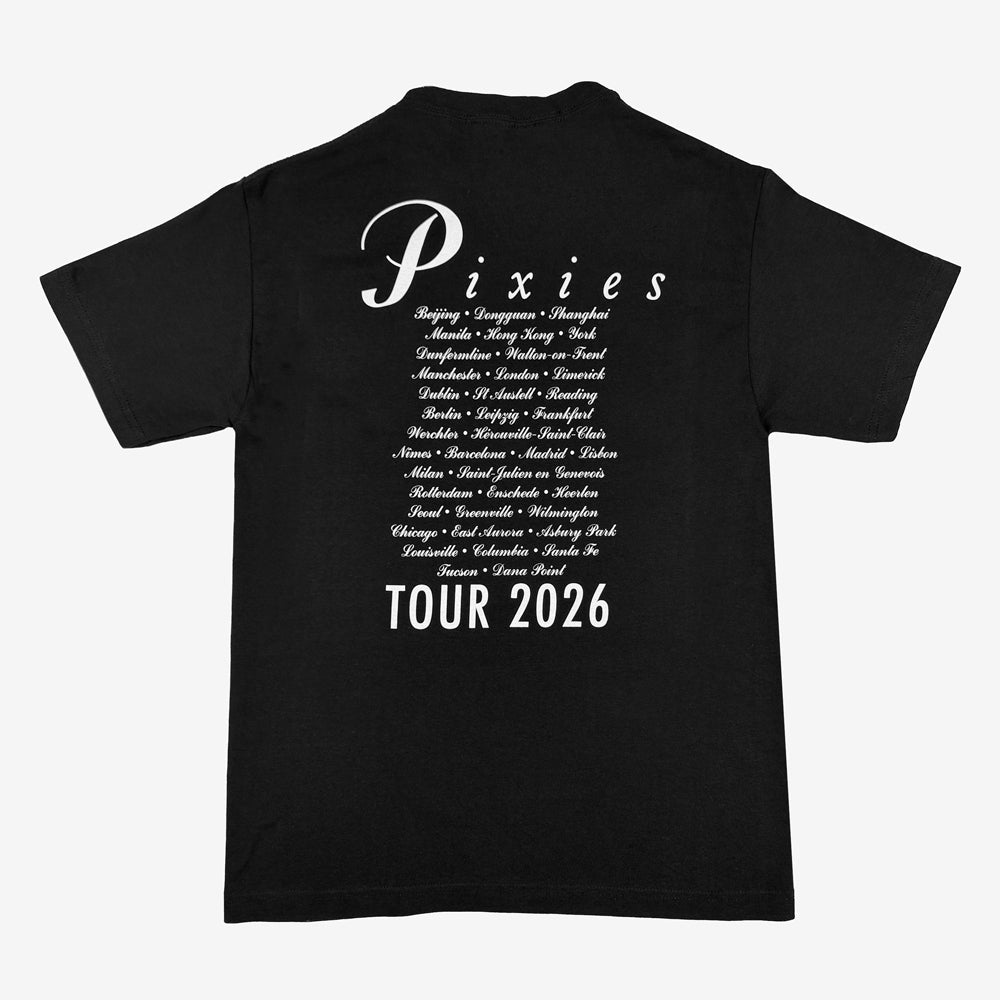 Black Pixies Framed Rosa Tee with white Pixies lettering, tour cities in script, and bold Tour 2026 text.