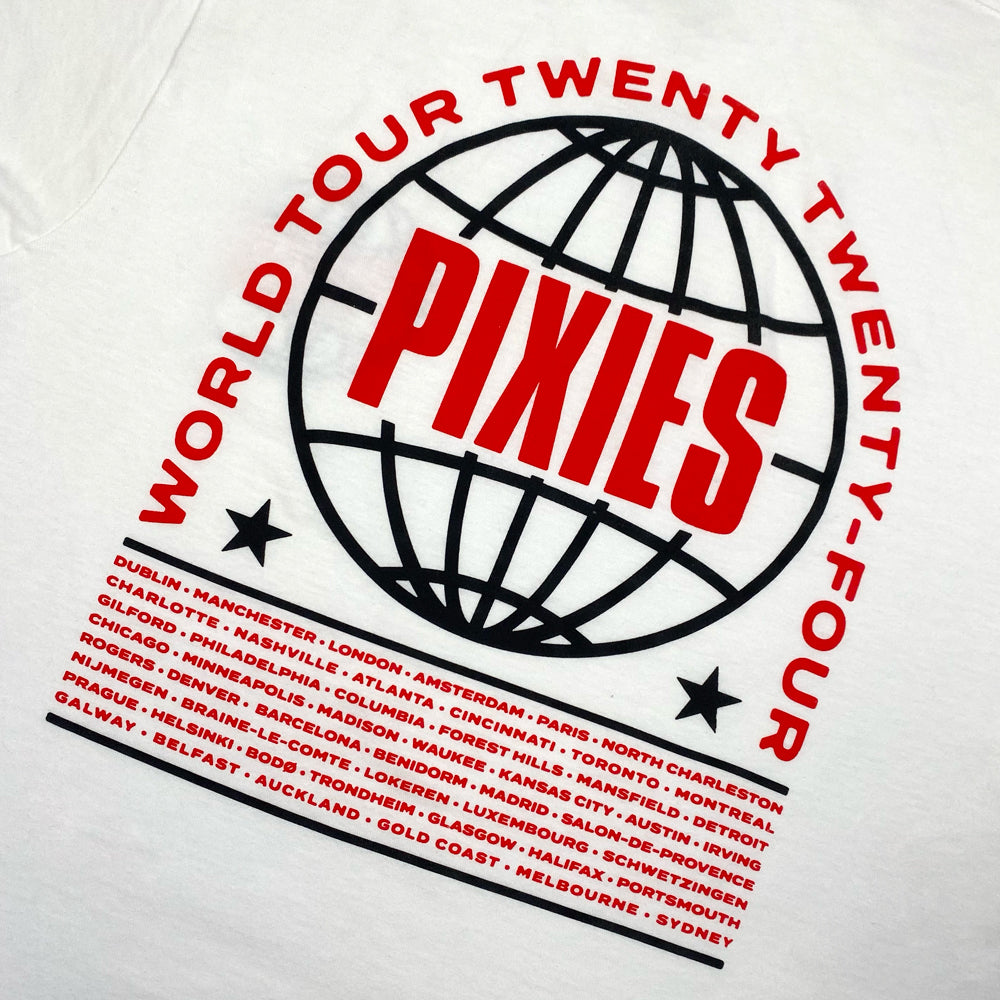 Close up of the back of a white t shirt with arched red text reading "World Tour Twenty Twenty Four. Under the arch is a black globe design with red text inside reading "Pixies." Below listed in red text is all 2024 Tour dates.
