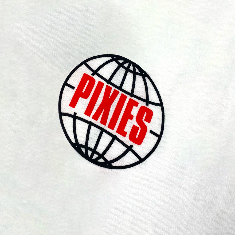 Close up of a white t shirt with a black globe design on the chest with red text in the center of the globe reading "Pixies"
