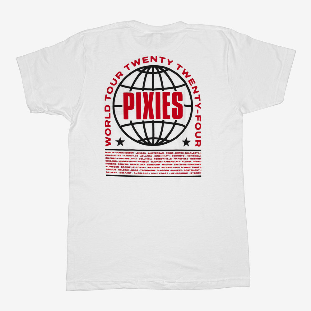 The back of a white t shirt against a white background with arched red text reading "World Tour Twenty Twenty Four. Under the arch is a black globe design with red text inside reading "Pixies." Below listed in red text is all 2024 Tour dates.