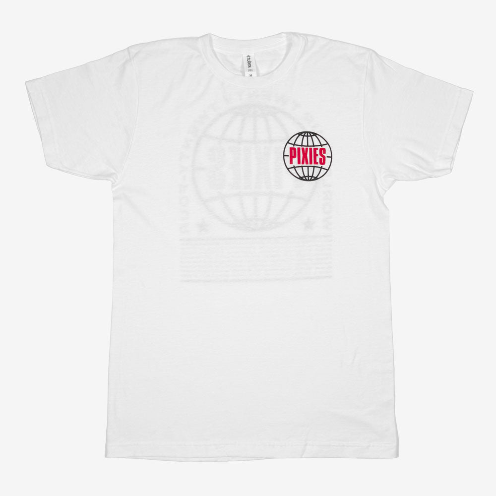 A white t shirt against a white background with a black globe design on the chest with red text in the center of the globe reading "Pixies"