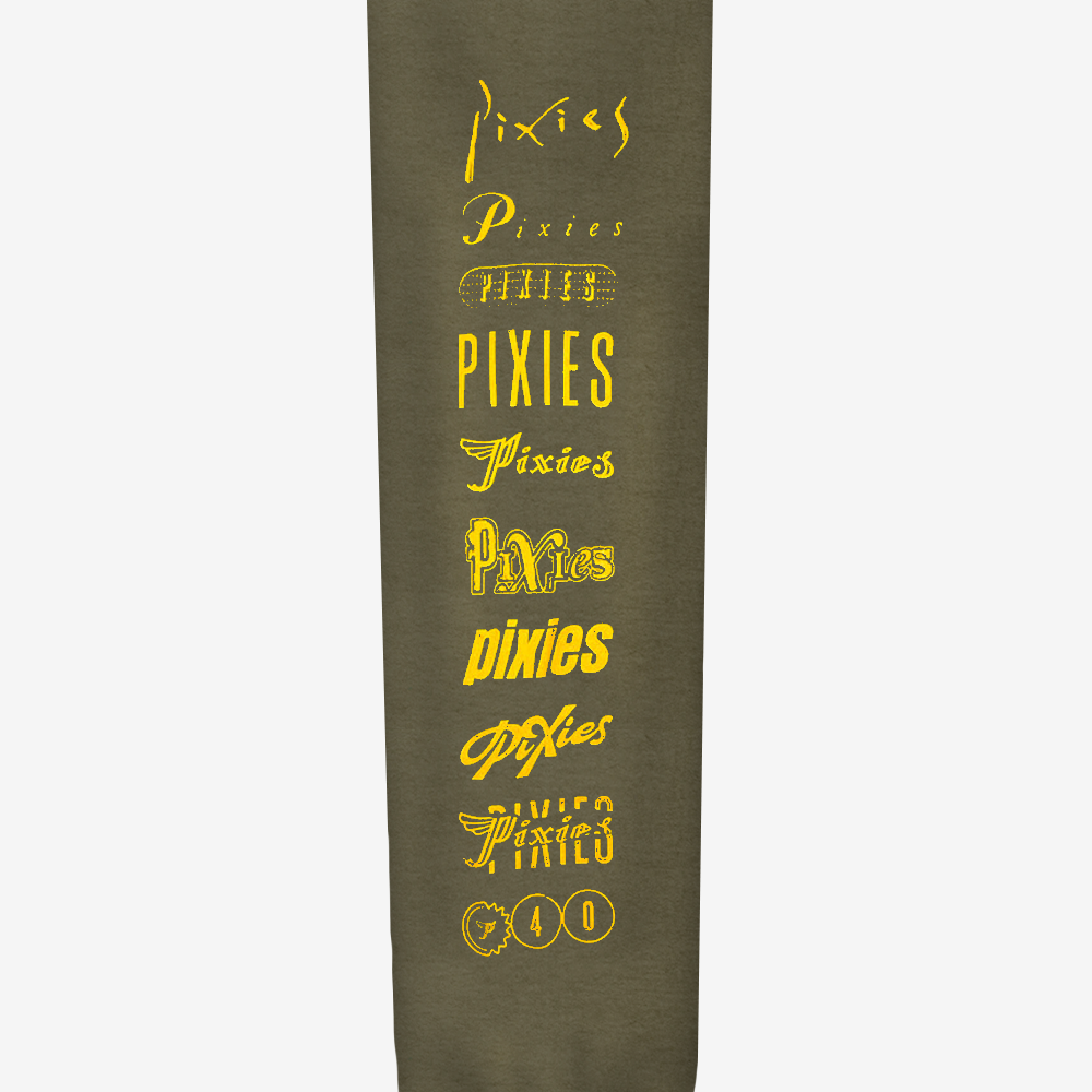 Green sweatshirt sleeve against white background. Yellow lettering containing older Pixies logos
