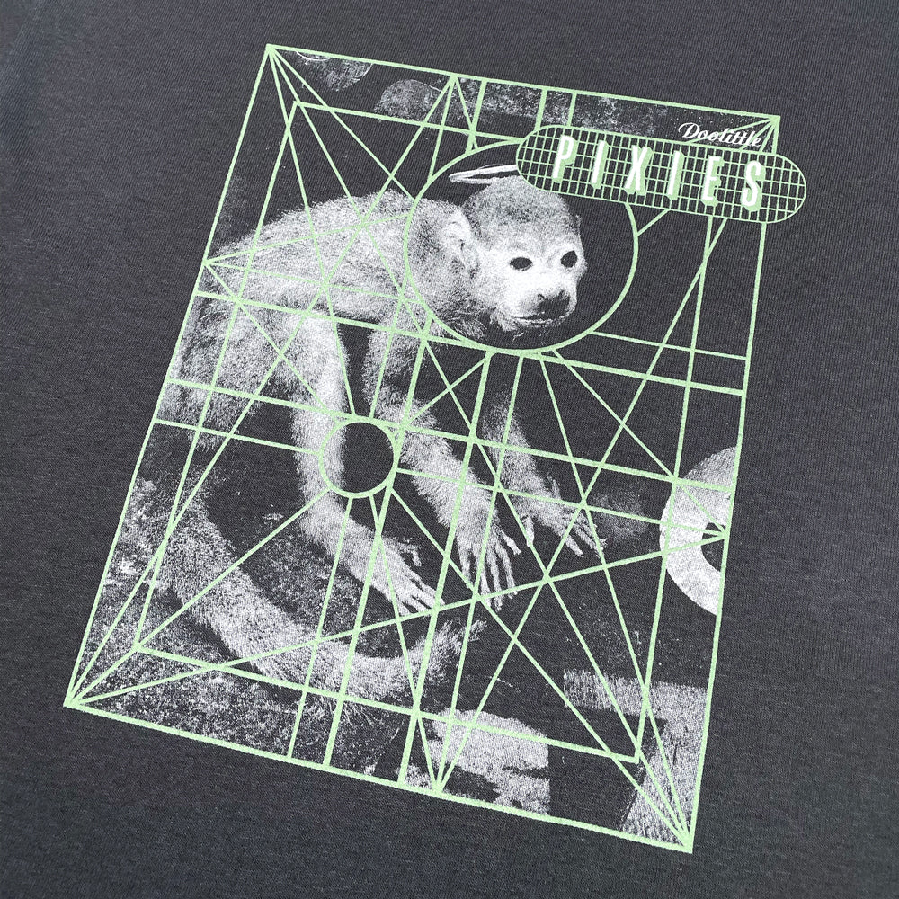 Close up of a charcoal gray t shirt with a white monkey design surrounded by a mint green grid design. On the top right is a white and mint green grid with text reading "Pixies." Above this text is white text reading "Doolittle"