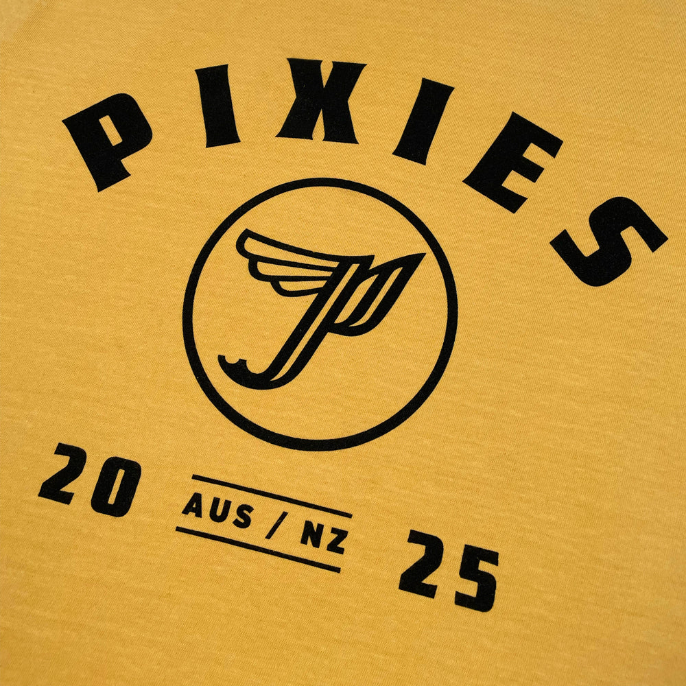 Close up of a yellow t-shirt with black Pixies P logo in the center and black text reading "Pixies 2025 AUS/NZ"