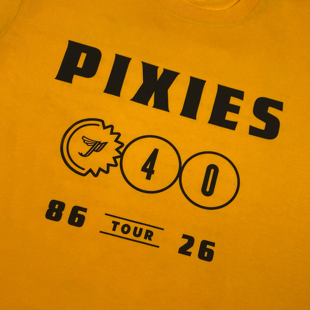 Close up of a yellow Pixies t-shirt with black lettering reading "Pixies P40" tour.
