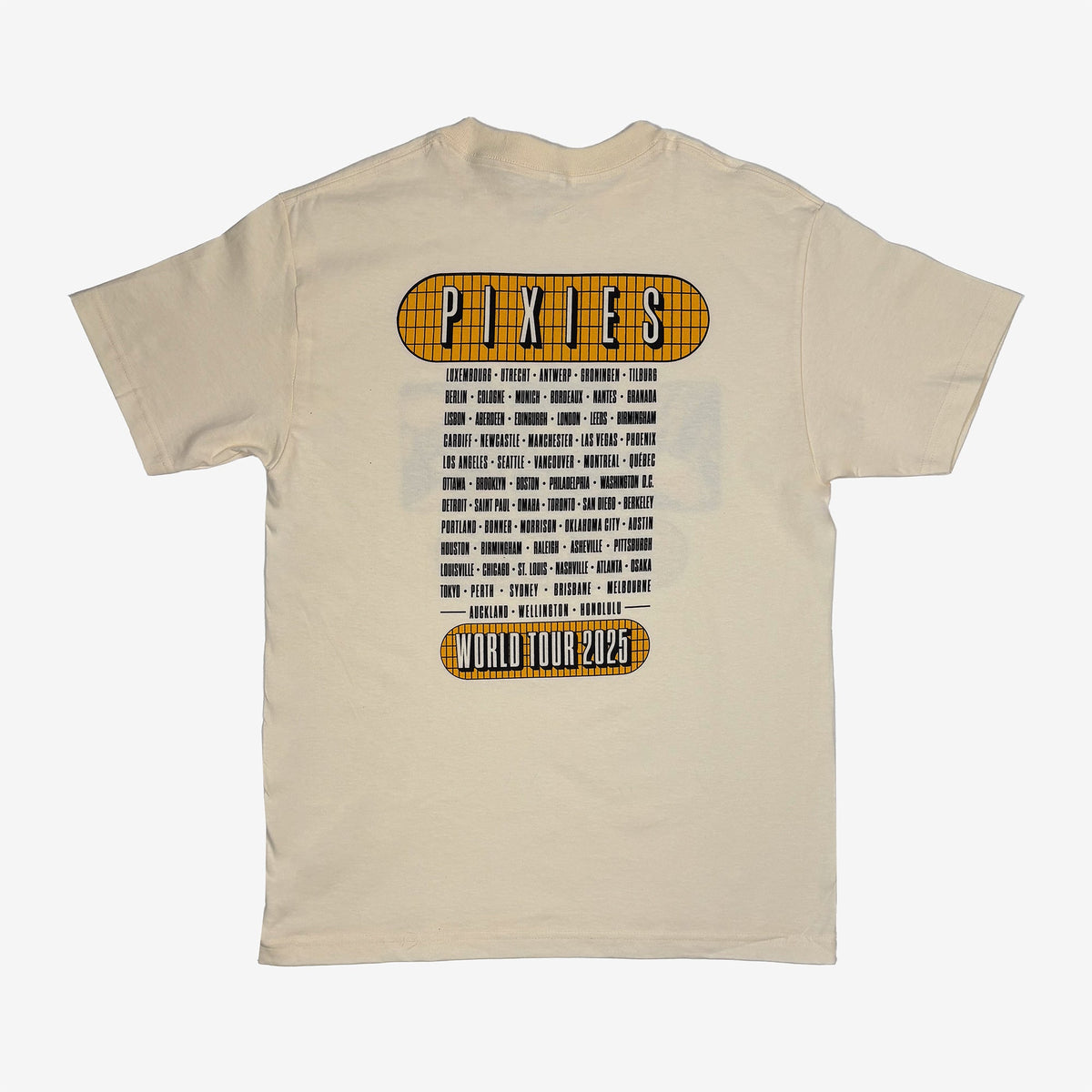 The back of a natural shirt against a white background with text inside a yellow grid reading "Pixies" at the top of the shirt and "World Tour 2025" at the bottom. In between are all the 2025 Pixies Tour dates.
