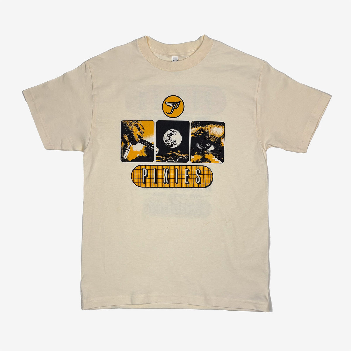 Natural color t shirt against a white background with a black and yellow Pixies "Circle P" logo and a series of black and yellow photos depicting a razor blade, a full moon, and a eye. Below is a yellow grid with text reading "Pixies"